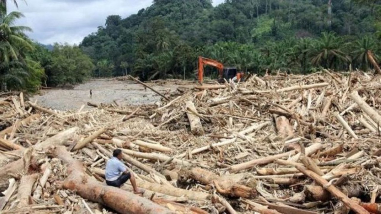 Warga mengamati sampah kayu gelondongan pascabanjir bandang di Desa Aek Garoga, Kecamatan Batang Toru, Kabupaten Tapanuli Selatan, Sumatra Utara, Sabtu, 29 November 2025. (Foto: ANTARA FOTO/Yudi Manar/agr/am)