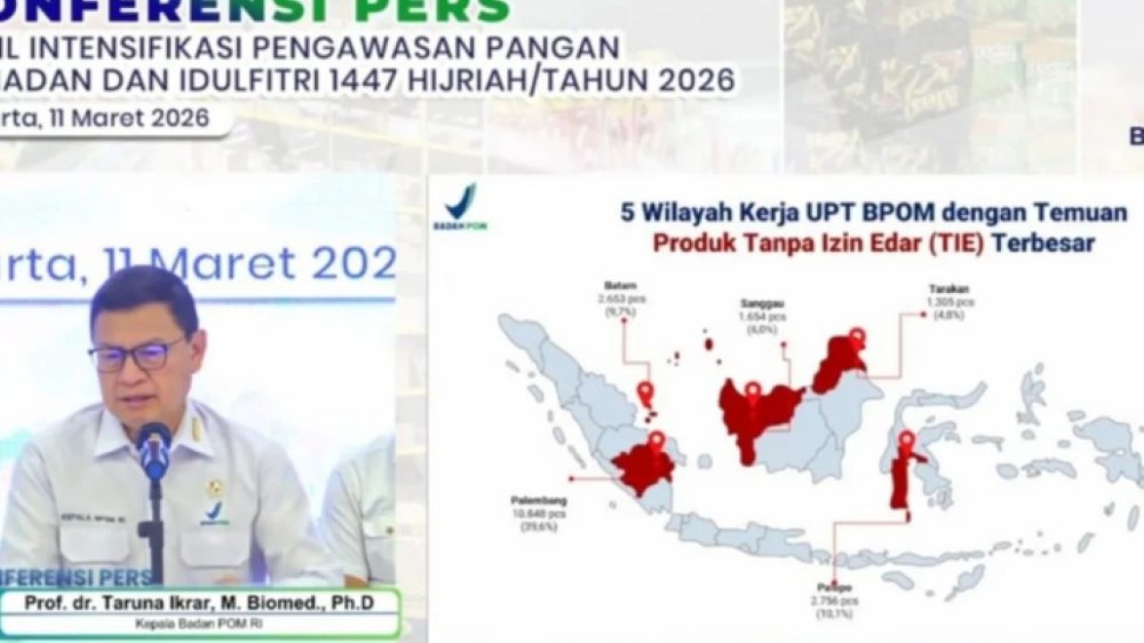 Tangkapan layar - Kepala BPOM dalam konferensi pers Pengawasan Pangan Jelang Ramadhan dan Idul Fitri 2026 di Jakarta, Rabu (11/3/2026) menyatakan BPOM membina 2.407 pedagang takjil bermasalah di 513 lokasi pengawasan di 38 provinsi guna memastikan pangan yang dijual kepada masyarakat selama Ramadhan aman dan sehat untuk dikonsumsi. ANTARA/M Riezko Bima Elko Prasetyo (Antara)