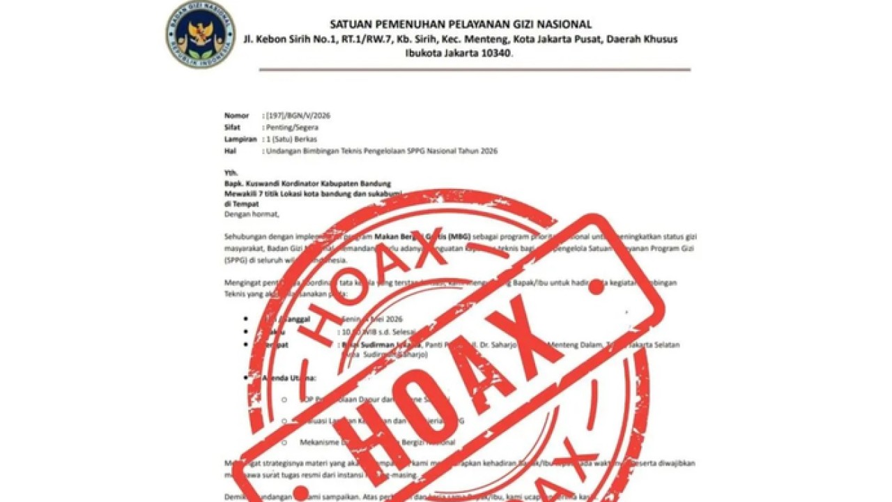 Undangan Bimtek SPPG yang mengatasnamakan BGN beredar di masyarakat. BGN menegaskan surat tersebut merupakan penipuan dan bukan undangan resmi, masyarakat diminta untuk hati-hati dan tidak menghiraukan informasi dalam surat tersebut. ANTARA/HO-BGN. (Antara)