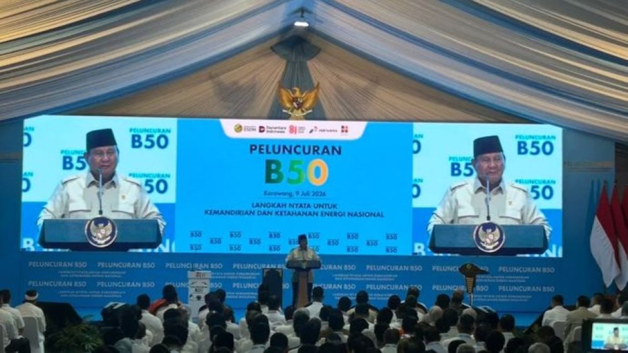 Presiden Prabowo Subianto resmi meluncurkan program mandatori biodiesel B50 di Rest Area KM 57, Karawang, Jawa Barat, Kamis, 9 Juli 2026. (Foto: NTVnews)
