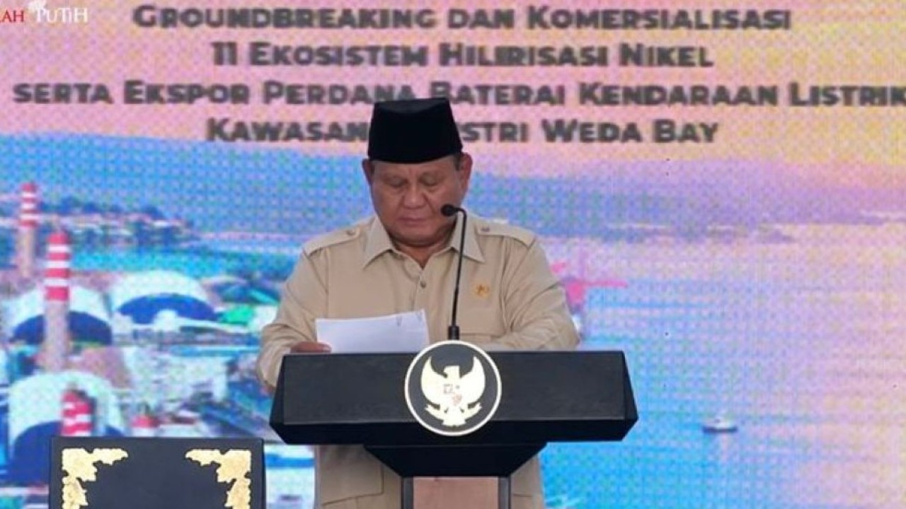 Presiden Prabowo Subianto menghadiri kegiatan Groundbreaking 11 Ekosistem Hilirisasi Nikel sekaligus Ekspor Perdana Baterai Kendaraan Listrik di Maluku Utara, Kamis, 8 Oktober 2026. (Foto: Istimewa)